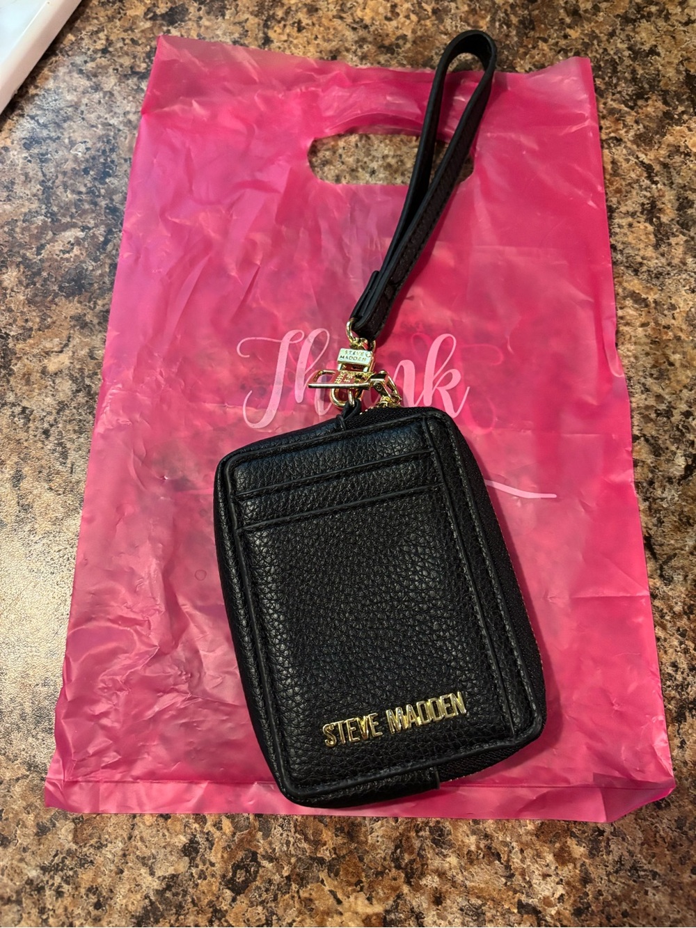 Steve Madden Black Pebbled Leather Wristlet Card Case with Gold Logo